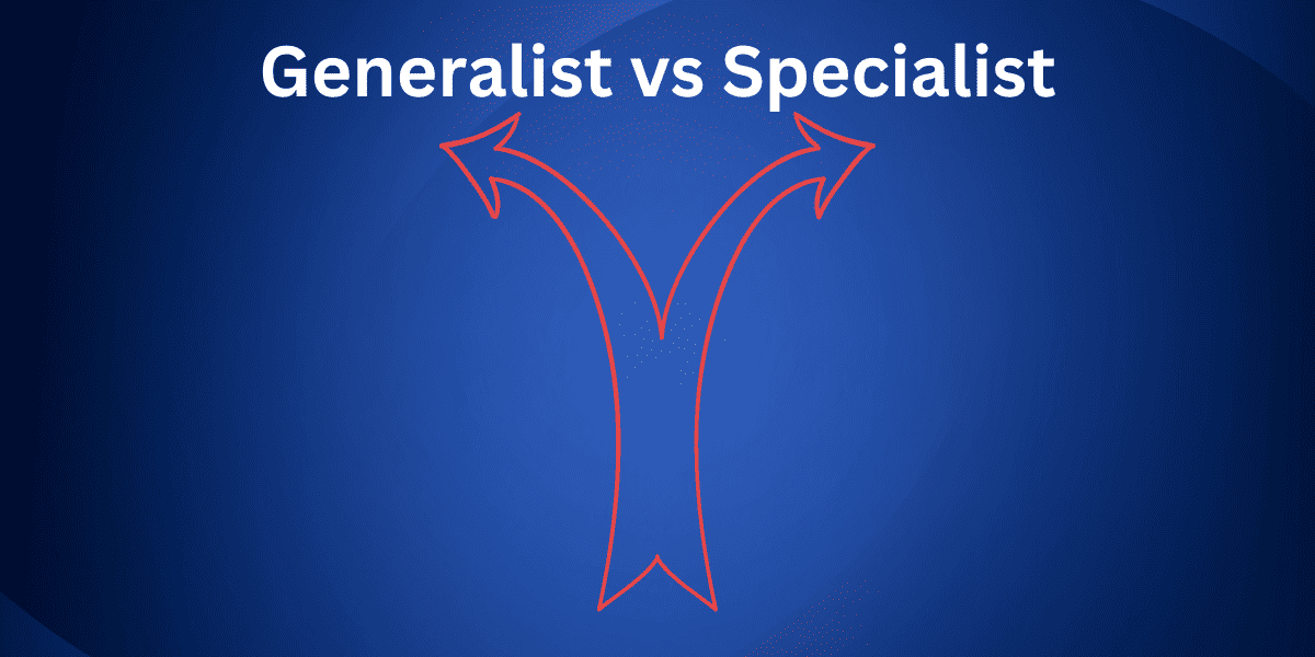 Generalist vs Specialized Focus. A visual metaphor of a path splitting into two directions—one leading to a broad field signifying generalization, and the other to a focused path indicating specialization.